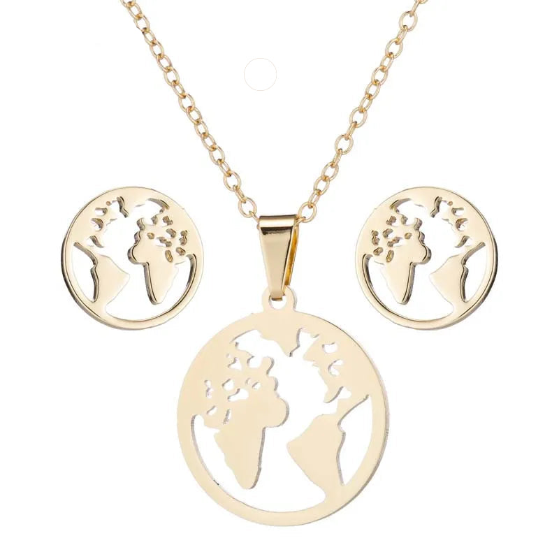 Conjunto Colar Design Mapa Mundo | Aço Inoxidável
