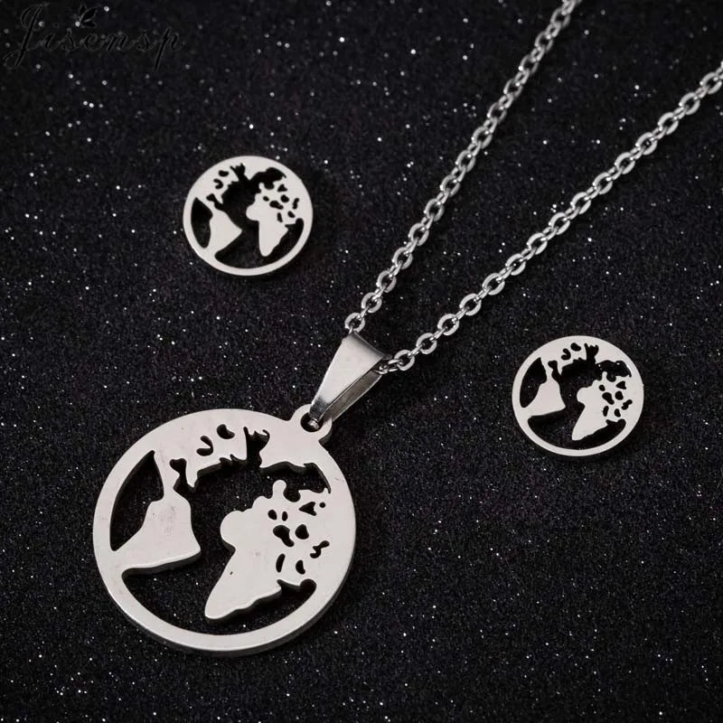 Conjunto Colar Design Mapa Mundo | Aço Inoxidável