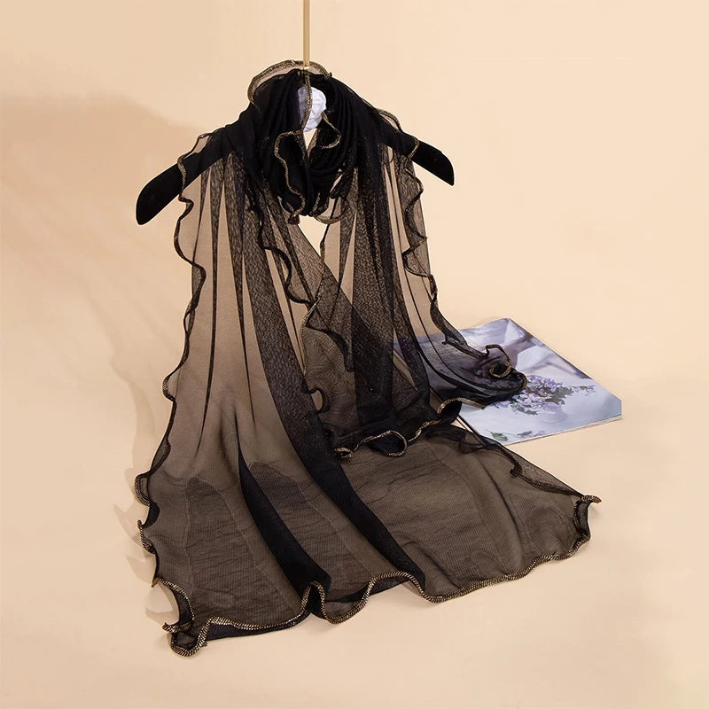 Lenço Chiffon Echarpe | Borda Ondulada Brilhante ✦ Elegante