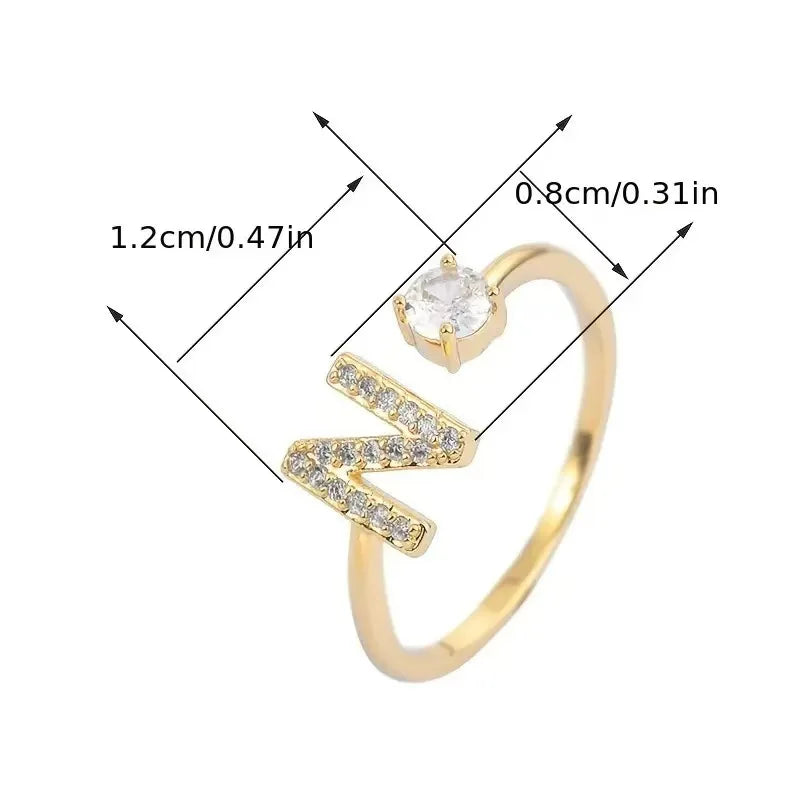 Anel Letras Zircônia Banhado Ouro 14K | Ajustavel ✦ Moderno [Várias Iniciais]