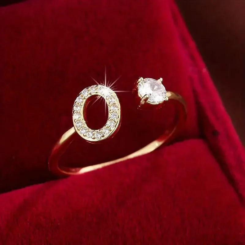Anel Letras Zircônia Banhado Ouro 14K | Ajustavel ✦ Moderno [Várias Iniciais]