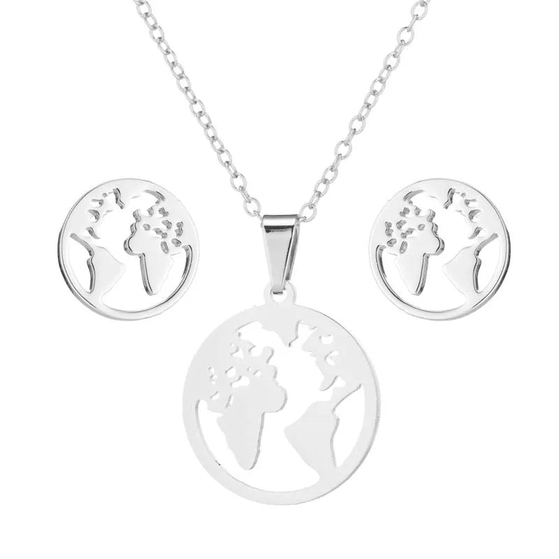 Conjunto Colar Design Mapa Mundo | Aço Inoxidável